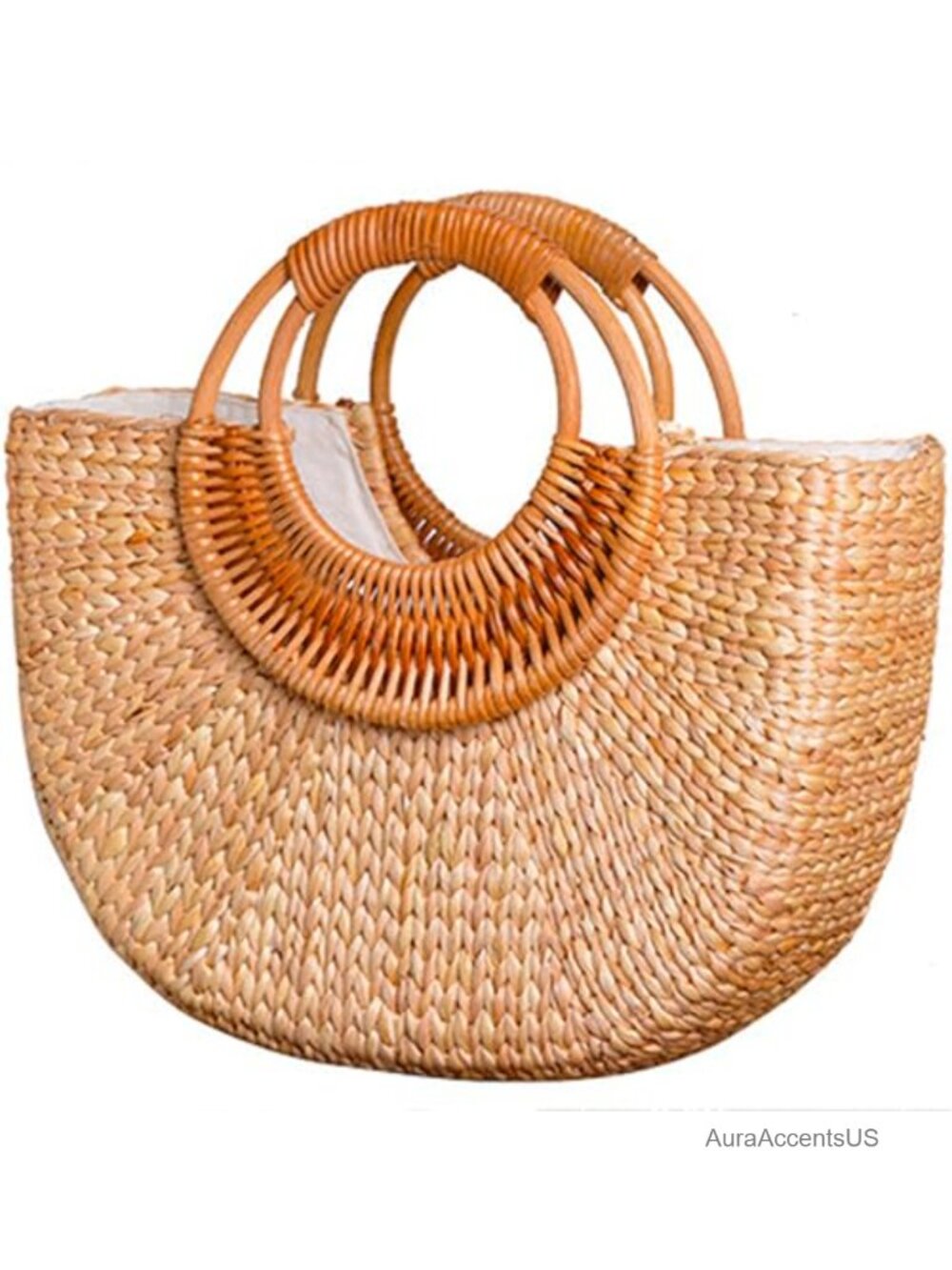 Handwoven Straw Tote Bag with Wood Round Top Handle Summer Beach Purse